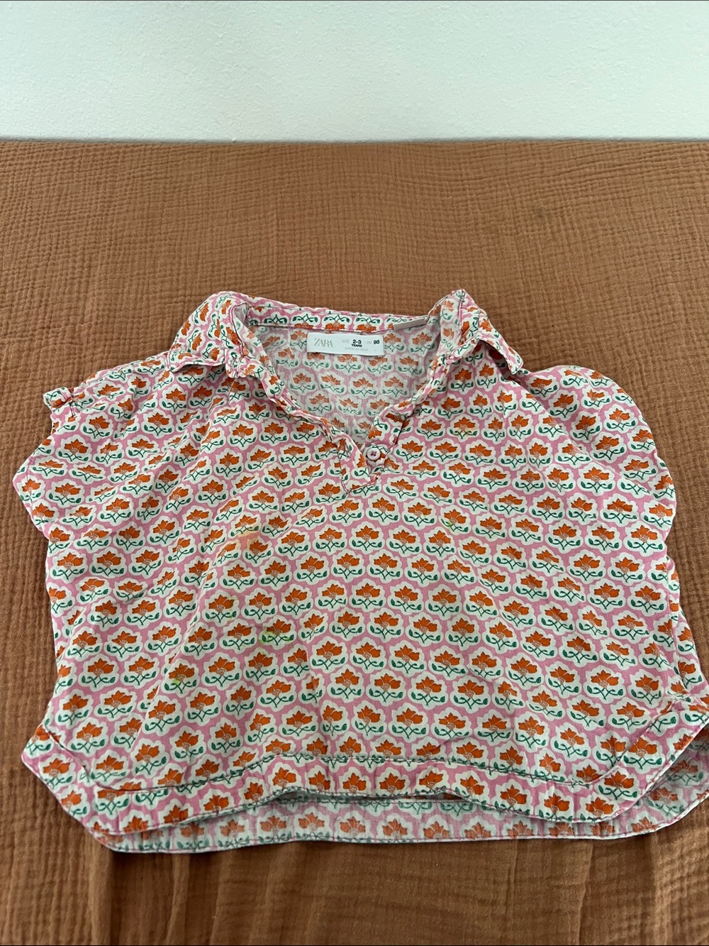 Zara Kids Pink Floral Collar Blouse with Orange & Green Accents